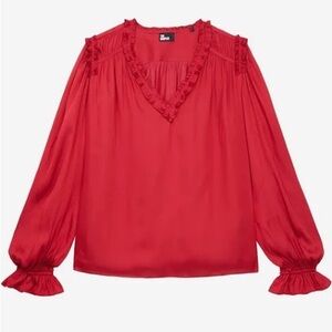 The Kooples V-Neck Ruffle Trim Woven Satin Blouse Long Sleeve Red 1 US Small R2